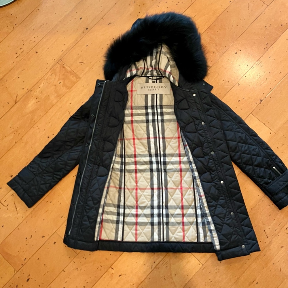 Burberry Quilted Jacket Coat with Toggles and Fur Hood XS